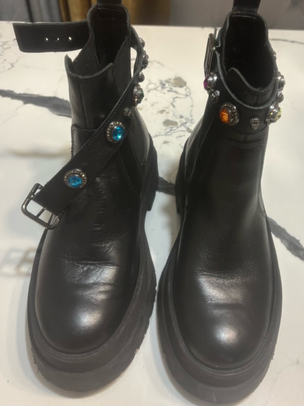 Kurt Geiger Black Leather Ankle Boots with Multicolor Gem Accents